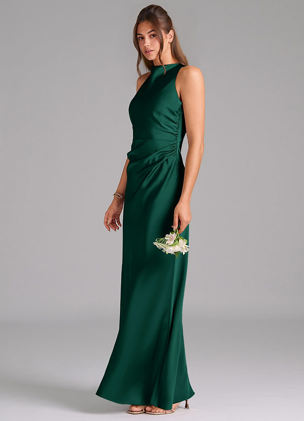 Azazie Evadne Bridesmaid Dresses Emerald A-Line Pleated Stretch Satin Dress image1
