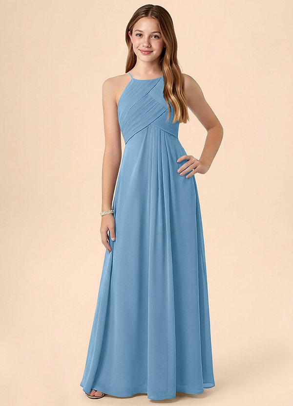 Azazie Ginny Junior Vestido de Azul Acero de Gasa de Corte en A con Plisado image1