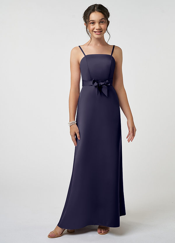 Azazie Anina Junior Robe Trapèze en Satin extensible Arc Bleu Orageux image1
