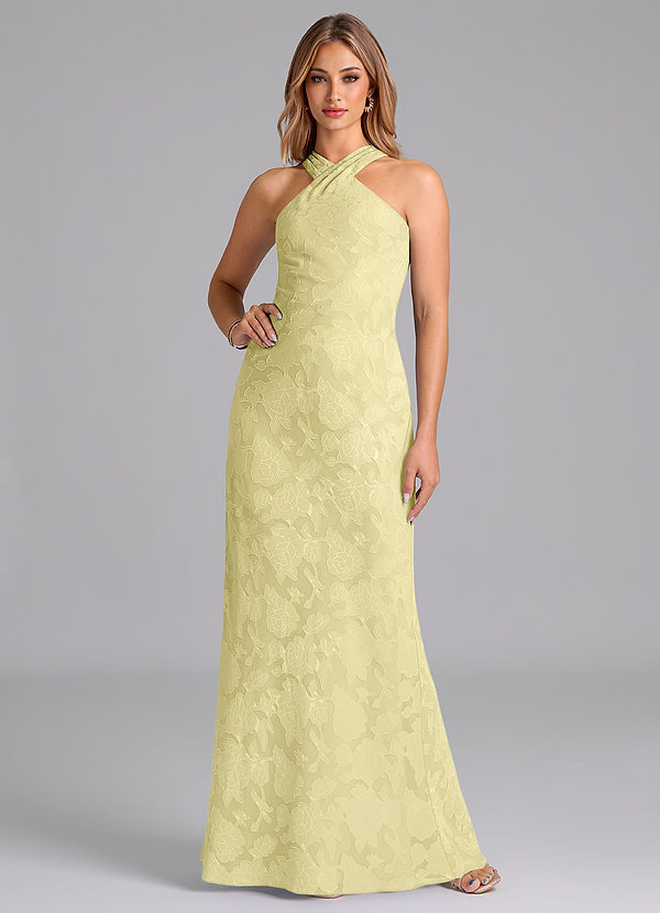 Azazie Doretta Bridesmaid Dresses Lemon Sorbet Mermaid Pleated Floral Burnout Dress image1