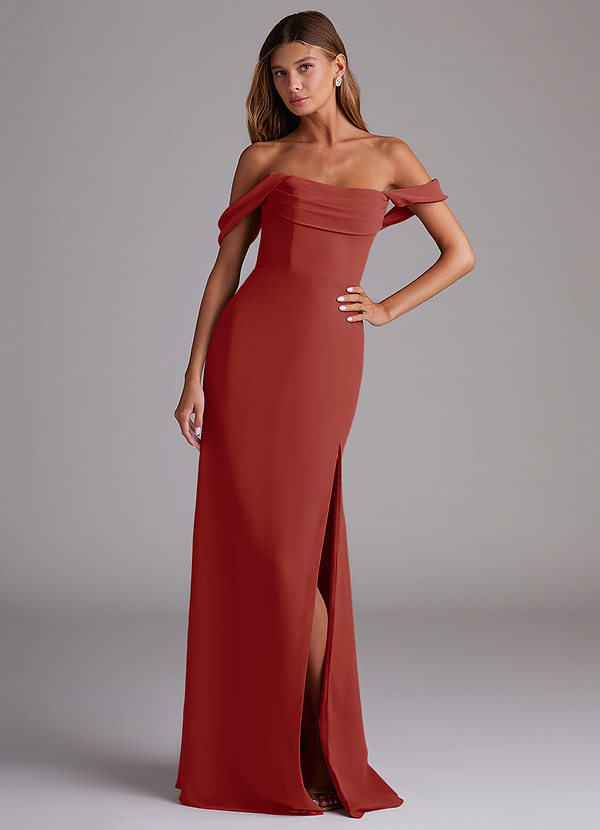 Azazie Saige Robes Demoiselle d'honneur Robe Trapèze Convertible en Mousseline de soie Épaule décolletée Terracotta image1
