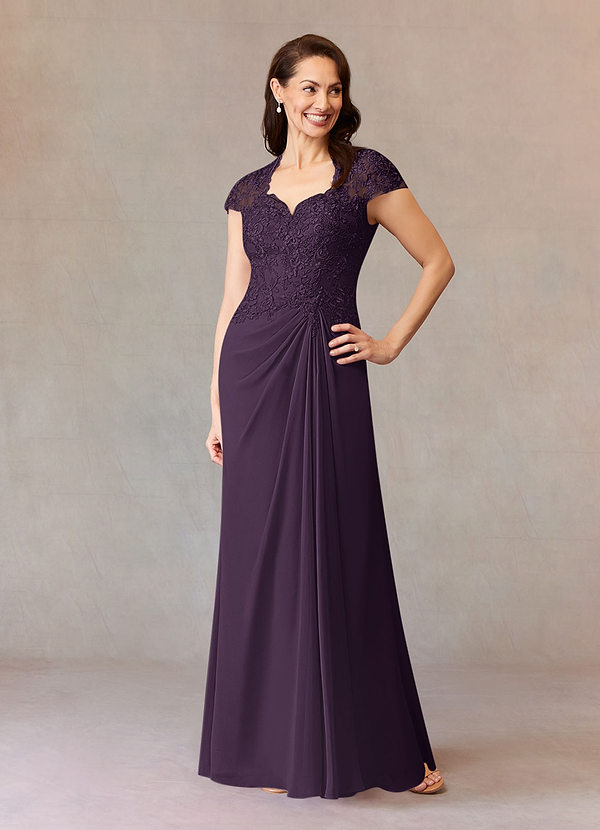Azazie Junie Robe Mère de la Mariée & du Marié Robe Trapèze en Mousseline de soie Dentelle Prune image1