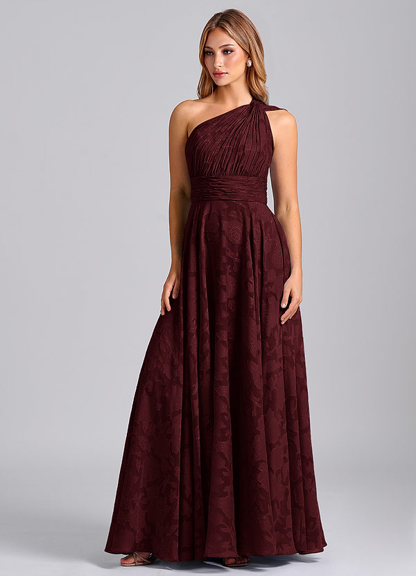 Azazie Charlize Bridesmaid Dresses Cabernet A-Line One Shoulder Floral Burnout Dress image1