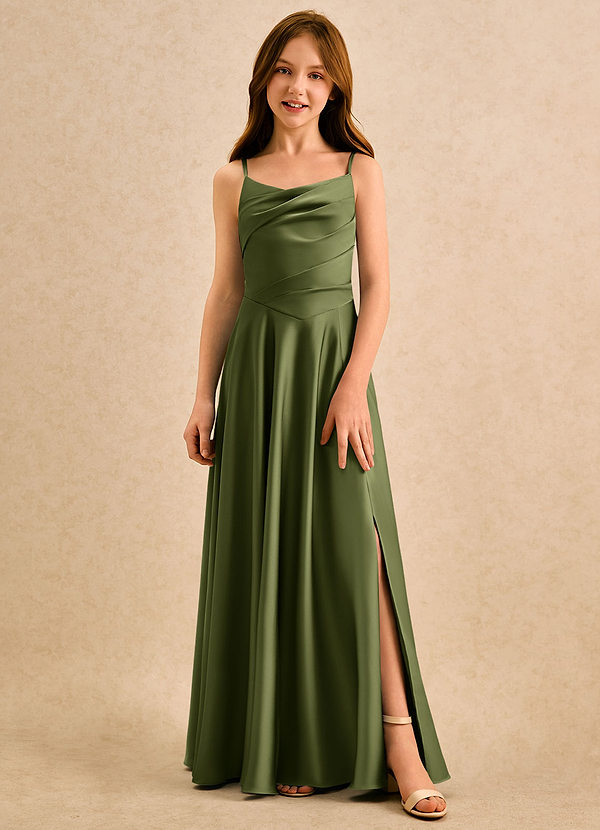 Azazie Coconut Girls Formal Sukienki dla dziewczynek sypiących kwiaty Linia A Pofałdowany Satyna elastyczna Długość podłogi Sukienka image1