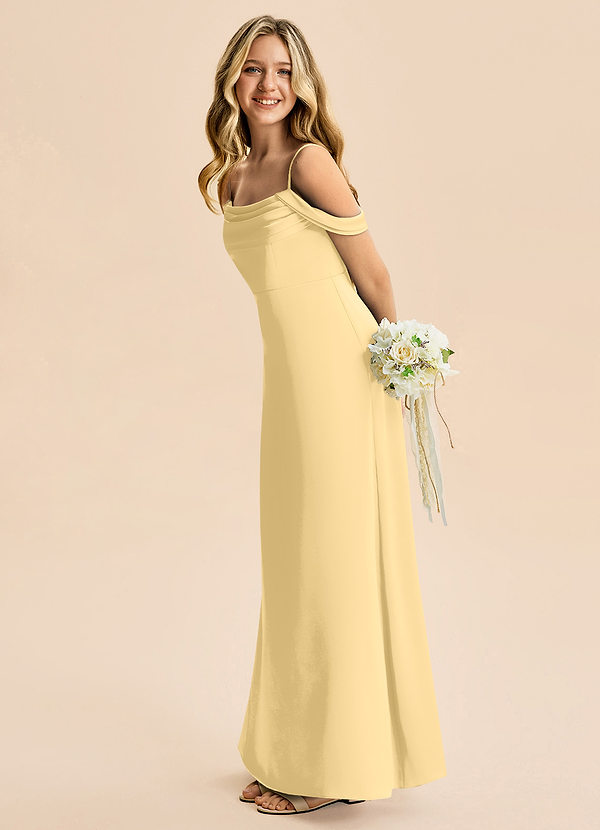 Azazie Lettie Junior Jurk van Stretch Satijn met A-Lijn Off the Shoulder Boter image1