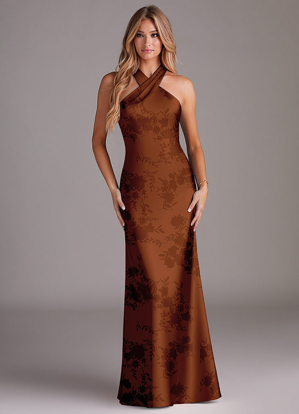 Azazie Doretta Brautjungfernkleider Meerjungfrau-Linie Plissee Stretch-Satin Kleid Gebranntes Orange Mit Blumen image1