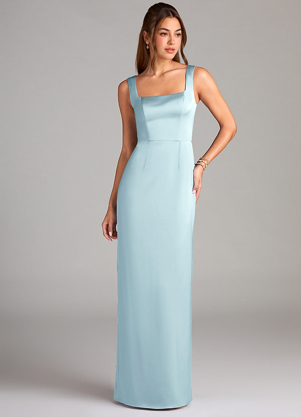 Azazie Flori Bridesmaid Dresses Cloud Blue Sheath Side Slit Stretch Satin Dress image1