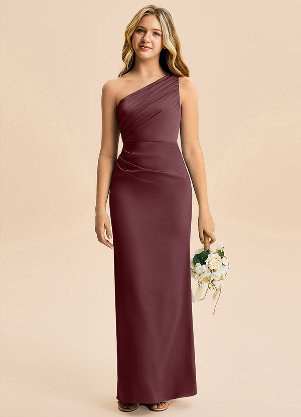 Azazie Akilah Junior Robe Fourreau en Satin extensible Plissée Sangria image1