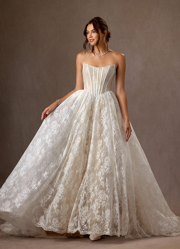 Azazie Demetria Wedding Dresses Diamond White Nude Ball-Gown Strapless Lace Dress image1