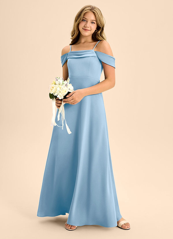 Azazie Anselie Junior Powder Blue A-Line Off the Shoulder Stretch Satin Dress image1