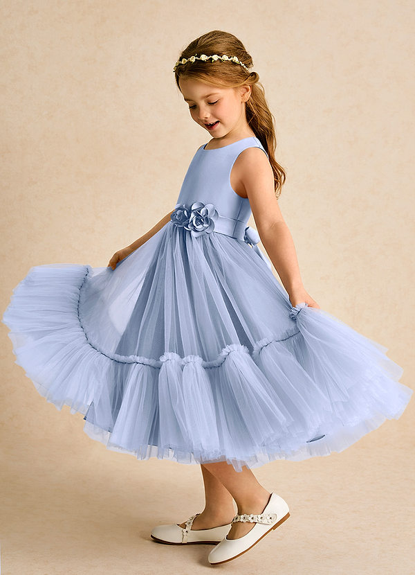 Azazie Miracle Robes de Fillette d'Honneur Robe Trapèze en Mat Satiné Arc Eis image1