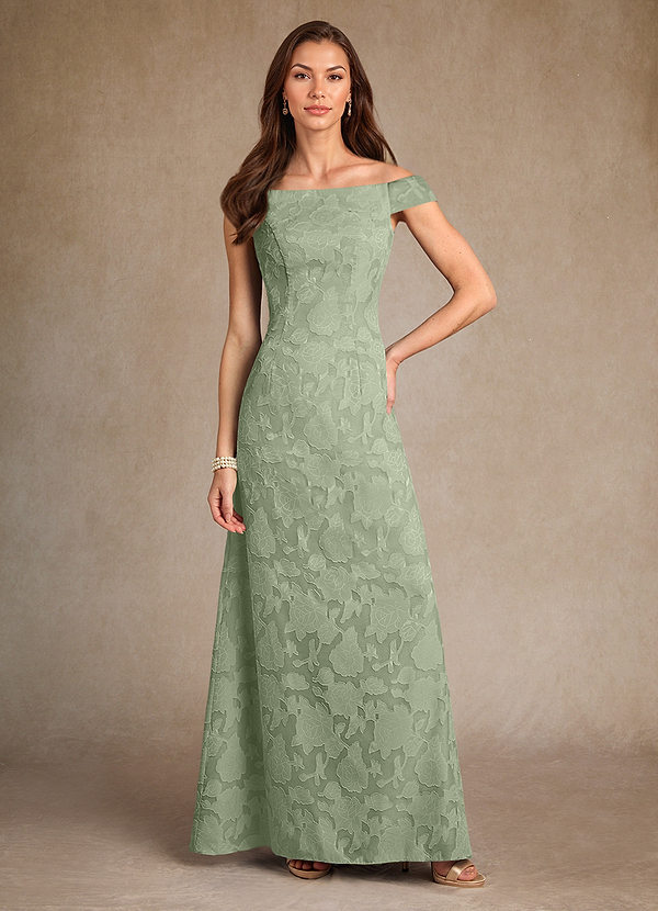 Azazie Moore Vestidos de Madre de la Novia Vestido de Salvia Polvorienta de Devorado Floral de Corte En A con Cuello de barco image1