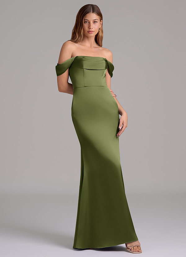 Azazie Miley 신부 들러리 드레스 인어 오프 더 숄더 스트레치 새틴 바닥 길이 드레스 image1