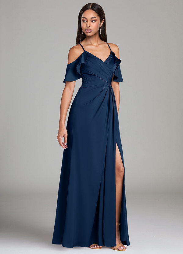 Azazie Dakota Bridesmaid Dresses Dark Navy A-Line Off the Shoulder Stretch Satin Dress image1