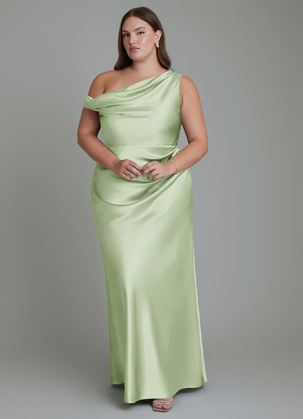 Azazie Emerson Vestidos de dama de honor Vestido Salvia Polvorienta de Satén Metálico de Corte Sirena con Hombros descubiertos image1