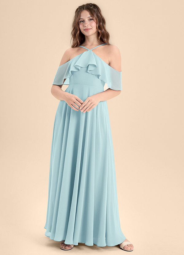 Azazie Tessabelle Junior Vestido de Vidrio Marino de Gasa de Corte En A con Vestidos sin tirantes image1