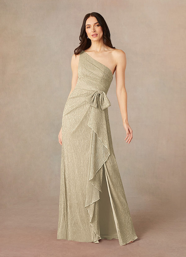 Azazie Jocelyn Brautmutterkleider Etui One-Shoulder Metallisches Netz Kleid Champagner Gold image1