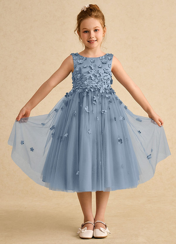 Azazie Lana Flower Girl Dresses Dusty Blue A-Line Sleeveless Matte Satin Dress image1