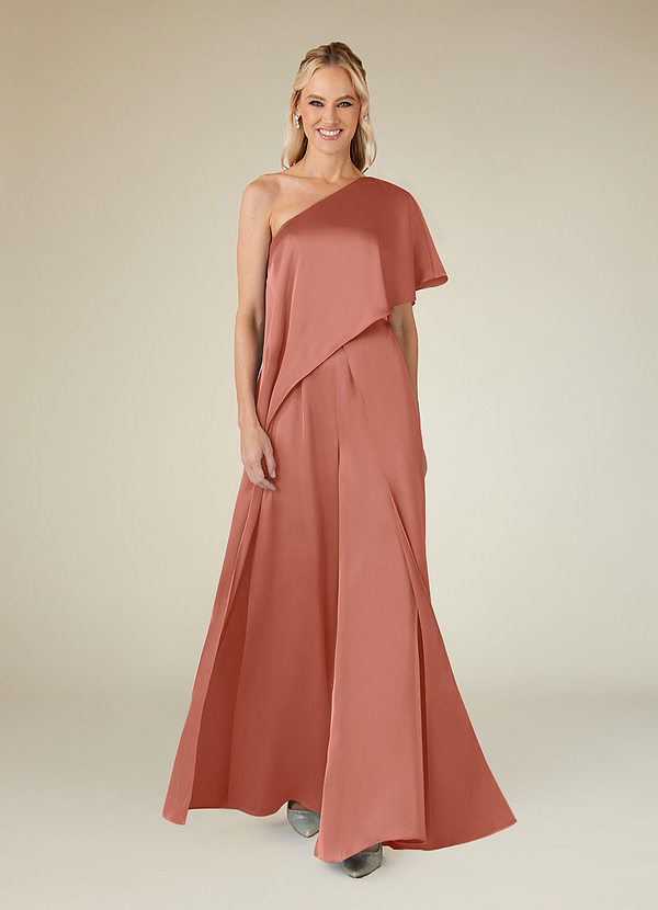 Azazie Hagretta Mother of the Brides Dresses Salmon Pink Jumpsuit/Pantsuit Stretch Satin Dress image1