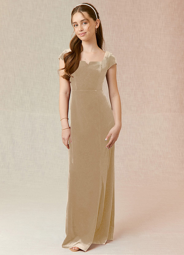 Azazie Gabi Junior Champagne A-Line Velvet Dress image1