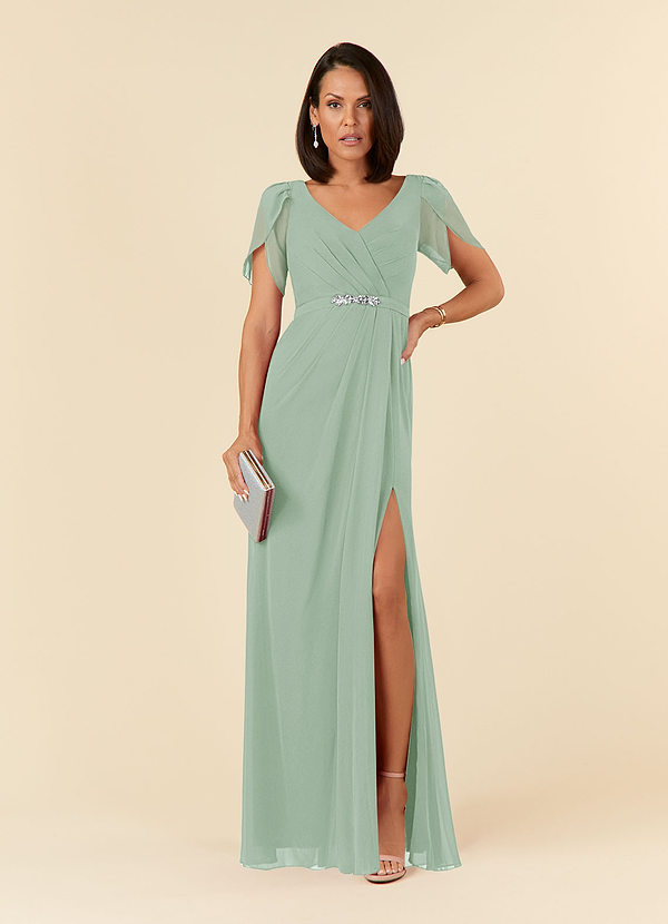 Azazie Marianne Mother of the Brides Dresses Agave Sheath V-Neck Pleated Chiffon Dress image1