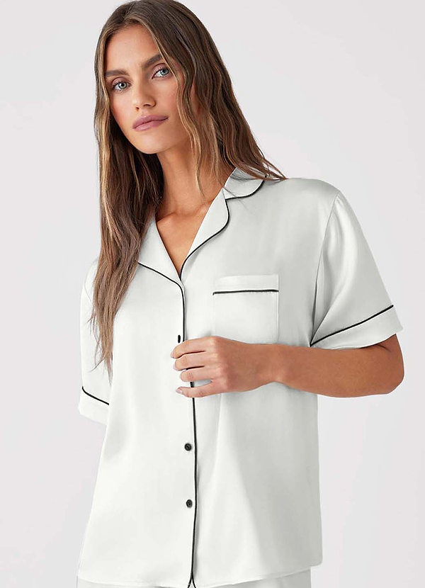 front White 100% Washable Silk Pajama Short Sleeve Top