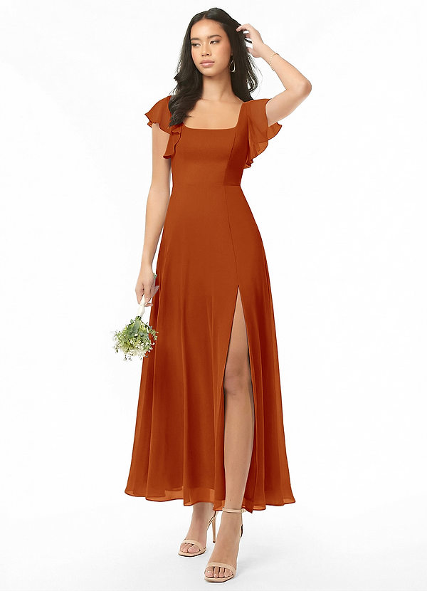 Azazie Bondi Bridesmaid Dresses Paprika A-Line Ruched Chiffon Dress image1