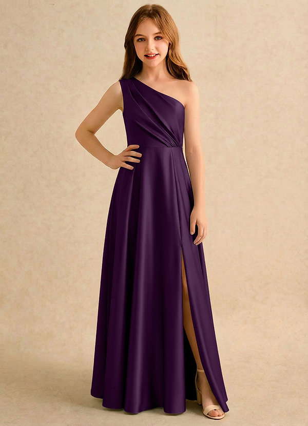 Azazie Puddles Girls Formal Abiti da Ragazza di Fiori Abito A-Line in Raso Elasticizzato Monospalla Uva image1