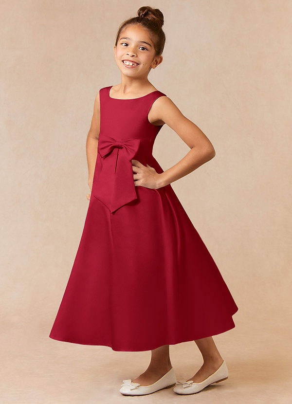 Azazie Lindy Flower Girl Dresses Scarlet A-Line Pleated Matte Satin Dress image1