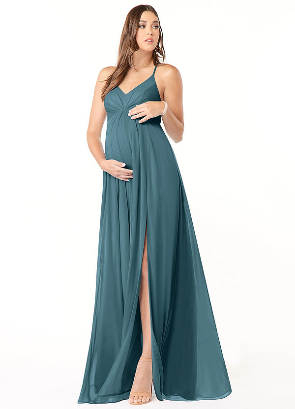 Azazie Annabelle Vestidos de dama de honor de maternidad Vestido de Corte En A Cuello en V plisado Hasta el suelo Malla image1