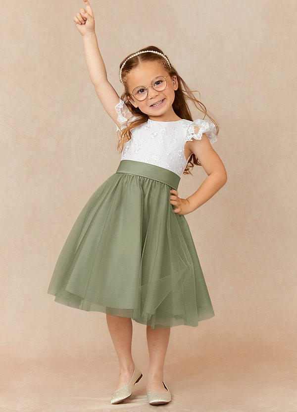 Azazie Vetty Flower Girl Dresses Ivory Pistachio A-Line Lace Tulle Dress image1