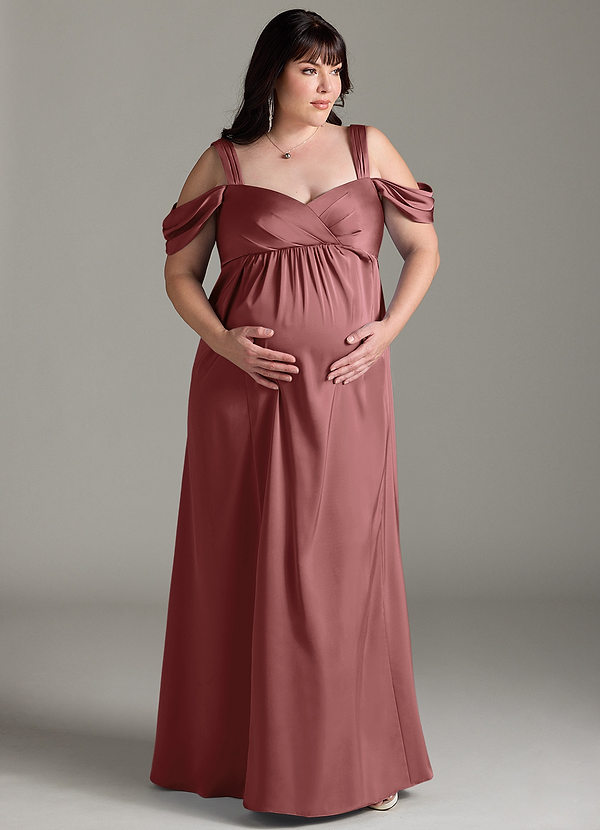 Azazie Rhea Zwangerschaps Bruidsmeisjes Jurken A-Lijn Off The Shoulder Geplooid Stretch Satijn Vloerlengte Jurk image1