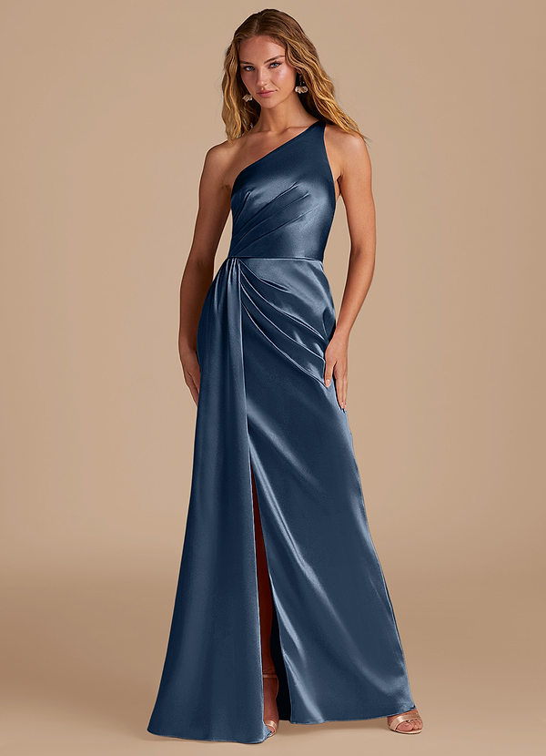 Azazie Mika Bridesmaid Dresses Dark Navy Sheath One Shoulder Metallic Satin Dress image1