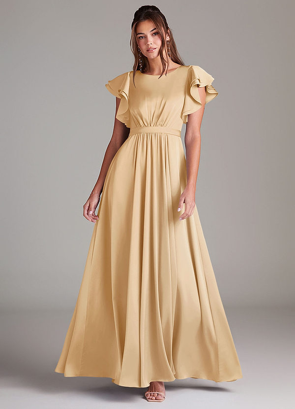 Azazie Daphne Modest Bridesmaid Dresses A-Line Ruched Stretch Satin Floor-Length Dress image1