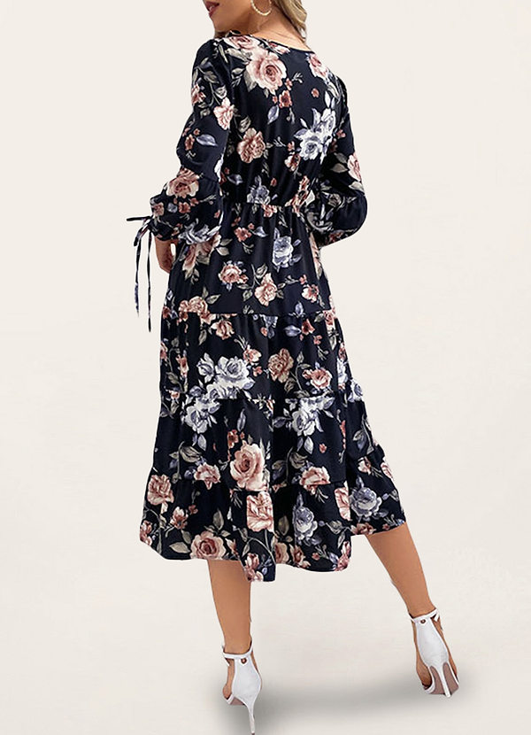 back Cornelia Negro Vestido midi de manga larga con estampado floral