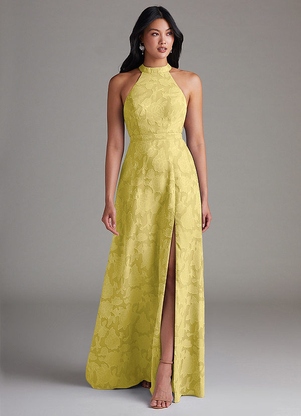 Azazie Clarice Bruidsmeisjes Jurken Jurk van Bloemen Burn-out met A-Lijn Zijsplit Kanarie image1