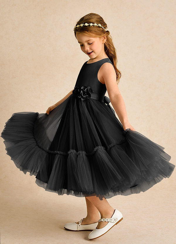 Azazie Miracle Blumenkinder Kleider A-Linie Schleifen Matte Satin Kleid Schwarz image1