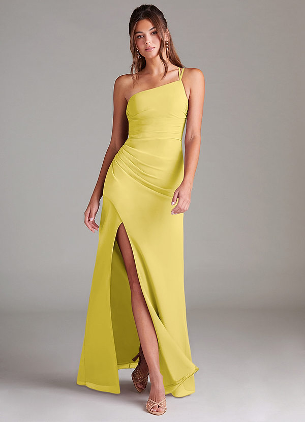 Azazie Eren Vestidos Dama de Honor Vestido de Canario de Gasa de Corte Recto con Hombro unilateral image1