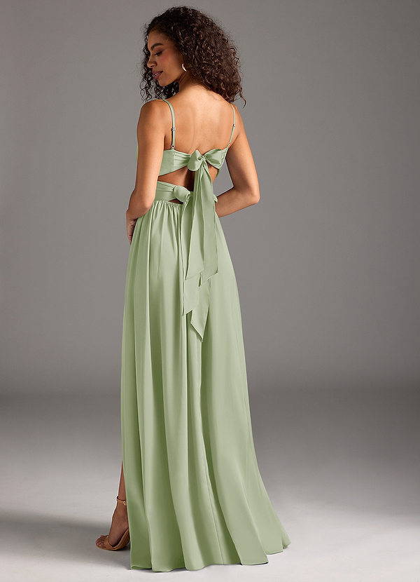 Azazie Zeya Bridesmaid Dresses Dusty Sage A-Line Pleated Stretch Satin Dress image1