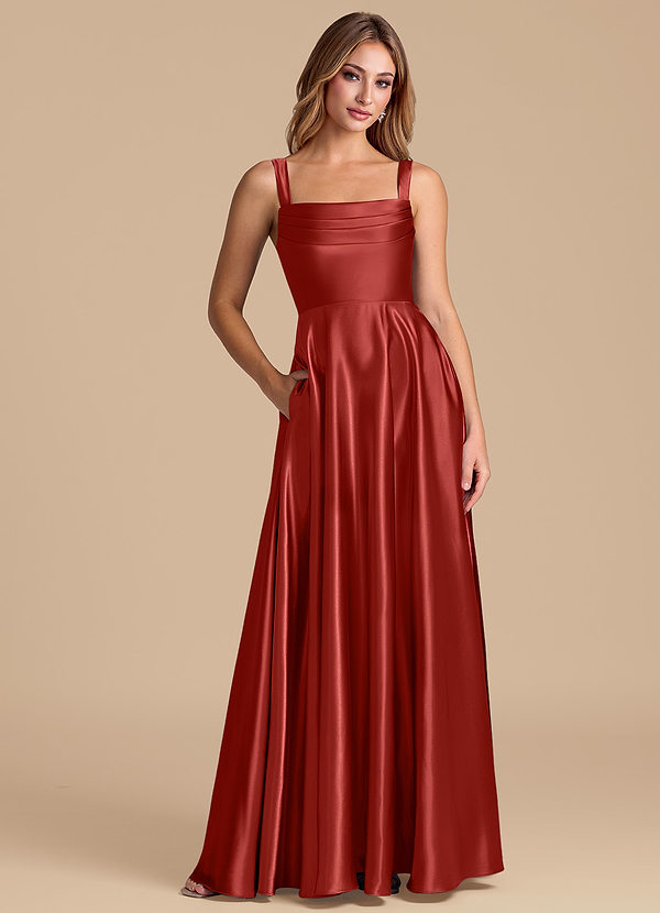 Azazie Shaude Bridesmaid Dresses Rust A-Line Pleated Metallic Satin Dress image1