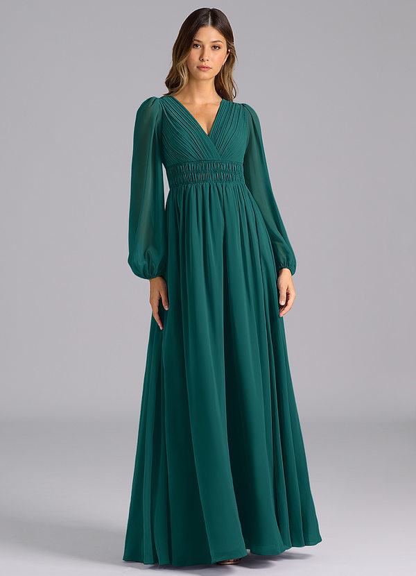 Azazie Palerma Bridesmaid Dresses Peacock A-Line Long Sleeve Chiffon Dress image1