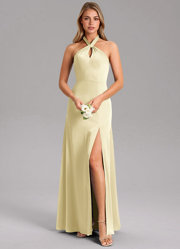 Azazie Tracie Bridesmaid Dresses Lemon Sorbet A-Line Side Slit Stretch Satin Dress image1