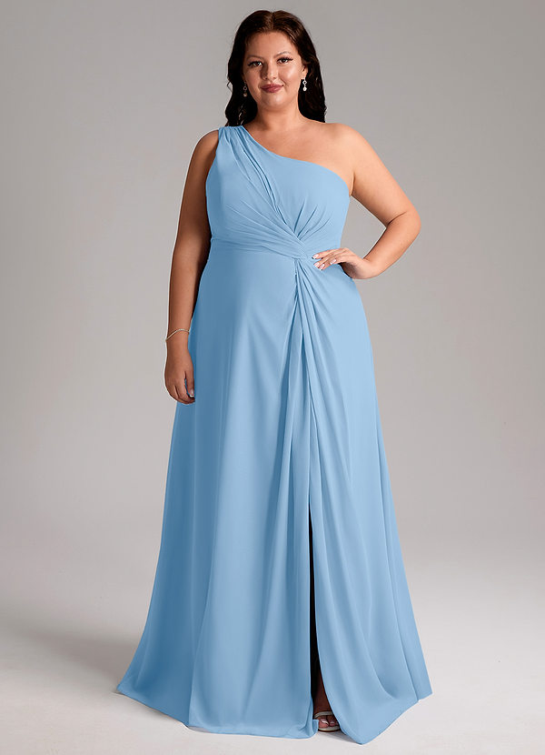 Azazie Brooke Vestidos de dama de honor Vestido de Azul Pálido de Gasa de Línea A con Hombro unilateral image1