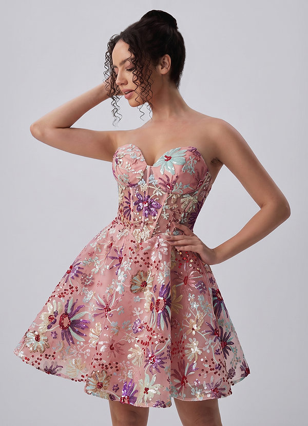 Julienne Rose Robe patineuse mini bustier à sequins floraux sans bretelles image1
