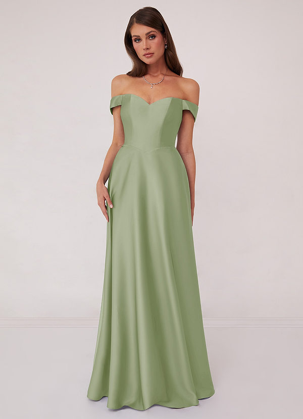 Barbie ♥ Azazie Bridesmaid Dresses Dusty Sage A-Line Off the Shoulder Stretch Satin Convertible Dress image1