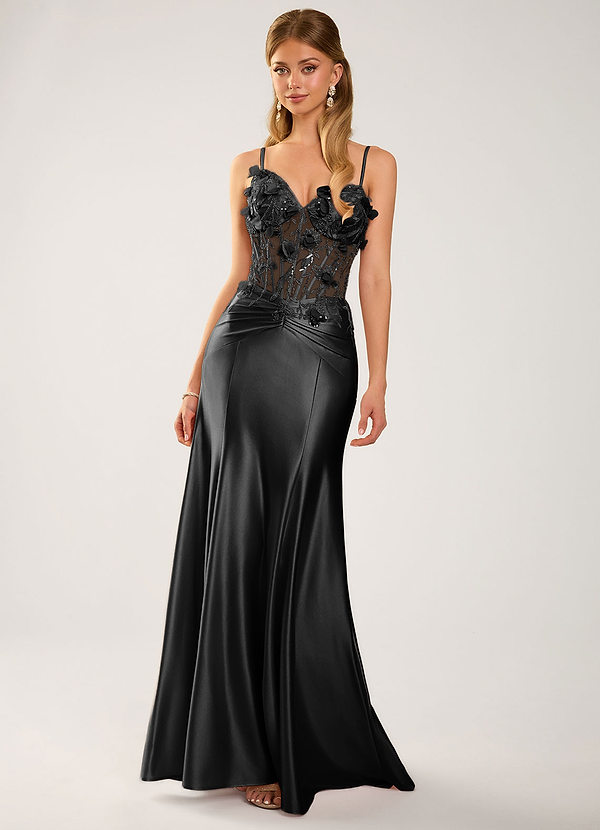 Elarow Black 3D Flower Beading Corset Satin Prom Dress image1