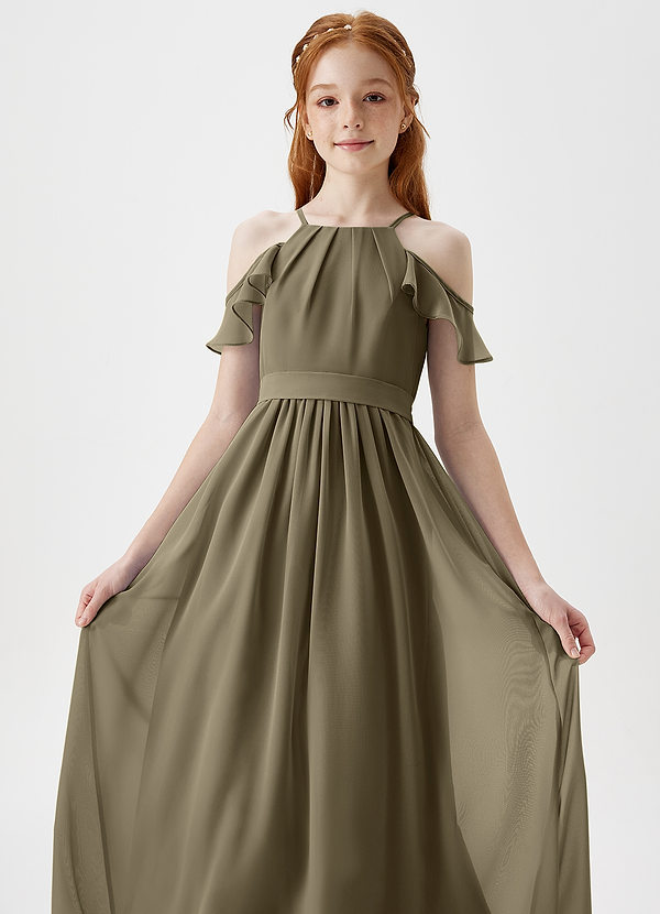 Azazie Chaya Junior Willow Green A-Line Off the Shoulder Chiffon Dress image1