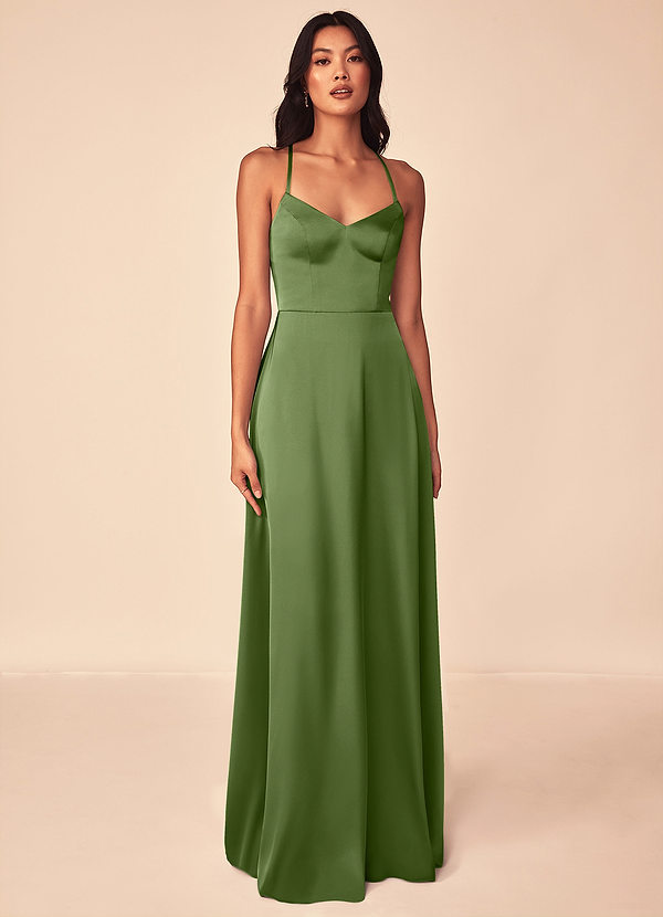 Azazie Mei Brautjungfernkleider A-Linie V-Hals Stretch-Satin Kleid Wacholder image1