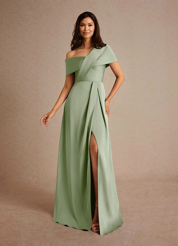 Azazie Milton Mother of the Brides Dresses Dusty Sage A-Line Pleated Stretch Satin Dress image1