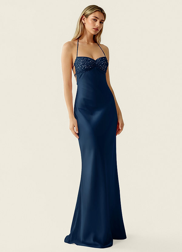 Valerianaire Navy Beading Satin Prom Dress image1